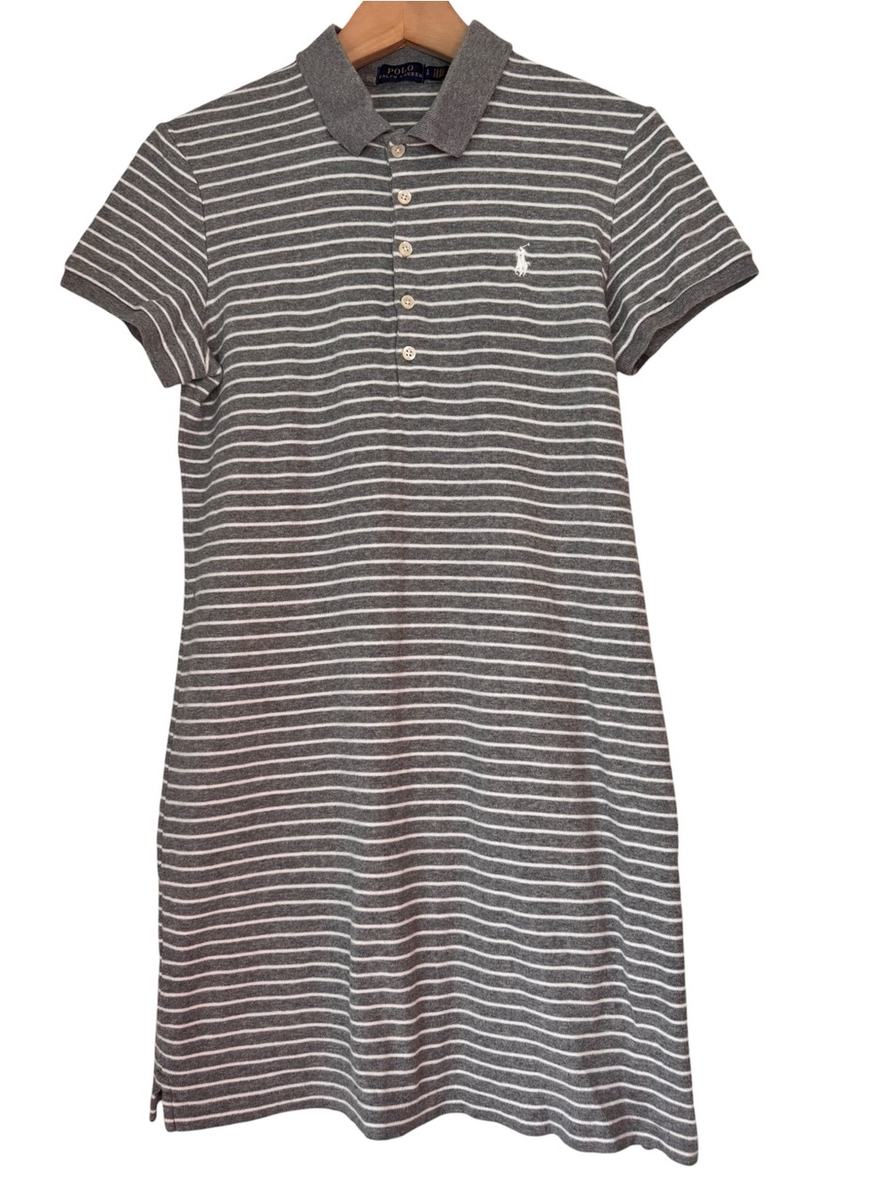 Polo Ralph Lauren Large Gray White Striped Polo Shirt Mini Dress Short Sleeve